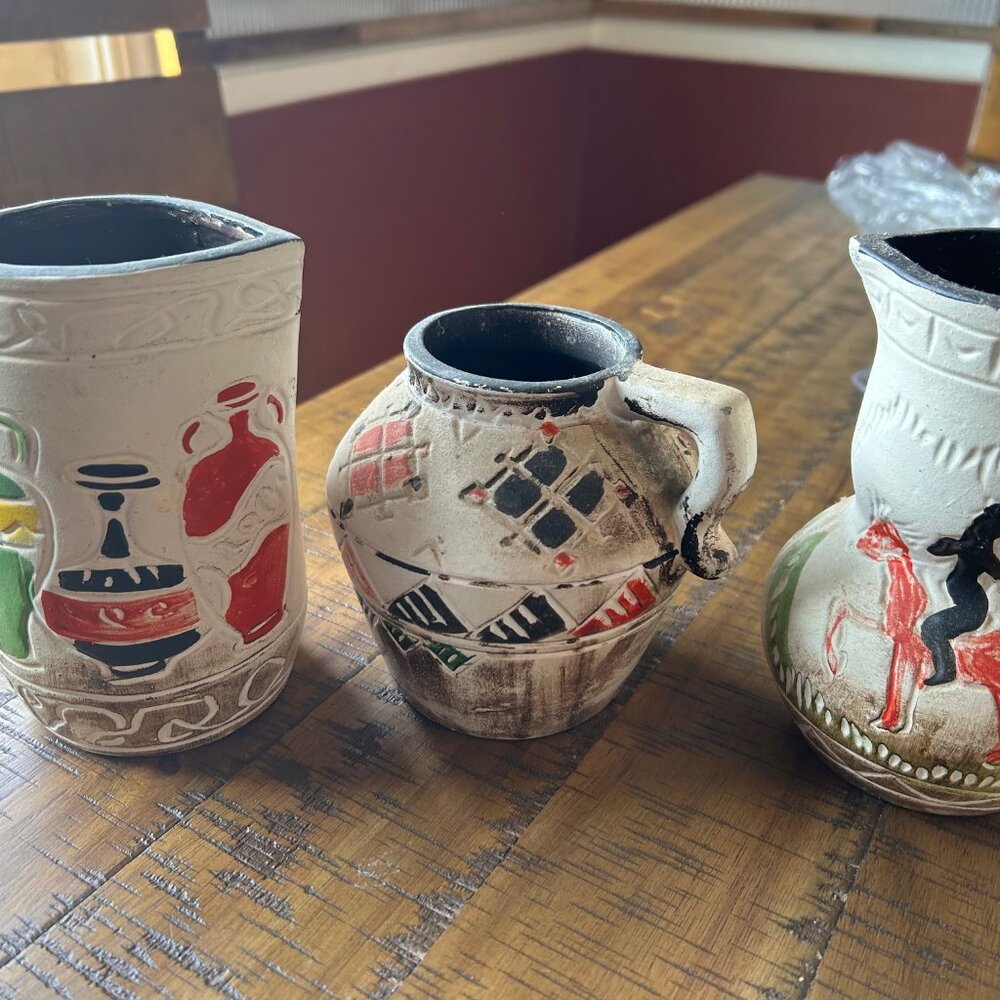 Vintage Hand painted  ceramic small pitchers  Native American style   set of 3